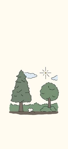 an illustration of trees and clouds in the sky with sun coming out from behind them