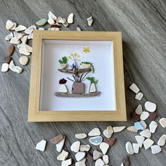 some rocks and flowers in a frame on the floor with stones scattered around it to make a shadow box