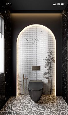 a black and white bathroom with an arched doorway leading to the toilet area is shown