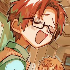 an anime character with red hair and glasses next to another character in front of him