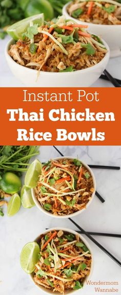 instant pot thai chicken rice bowls with limes and cilantro on the side