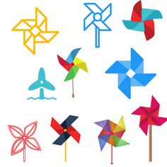 six colorful pinwheels are shown on a white background