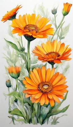 a painting of orange flowers with green leaves