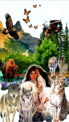 a woman surrounded by animals and birds in the woods with butterflies flying above her head