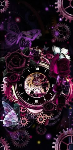 a clock surrounded by gears and butterflies on a black background with red roses in the center