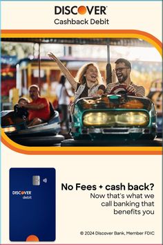 an advertisement for a cash back card with two people riding in a car