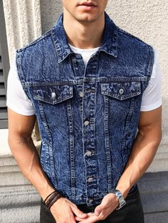 Dark Wash Casual Collar Sleeveless Denim Plain vest Embellished Non-Stretch  Men Clothing Boys Clothing Styles, Denim Vest Outfit, Vest Outfits Men, Plain Vest, Mens Fasion, Mens Fashion Jeans, Love Jeans, Jean Vest