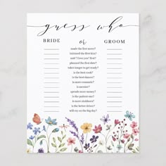 a wedding guess card with flowers and butterflies on the front, which reads'guess of a bride '