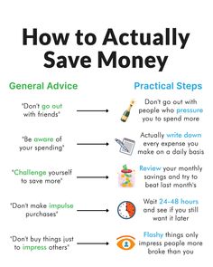 how to actually save money poster with the words, general advice practical steps don't go out with things you want to spend