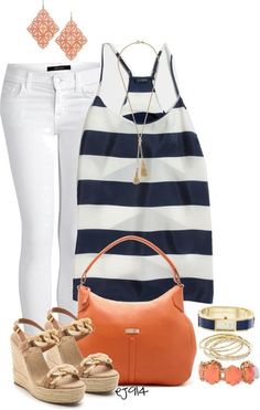 Cruise outfit - white pants or light blue pants with coral top and Michael Kors navy, white stripped purse Stripes Outfit, Navy Blue Outfit, Navy Blue Shirt, Outfit Primavera, Outfit Women, Wardrobe Ideas, Blue Outfit