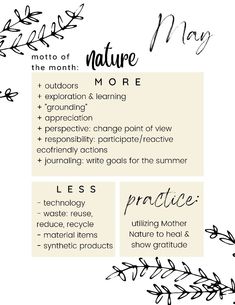 use this sheet as a reminder all month, print it out/Pin it, set your own goals! May, nature, thank you Moyher Earth, monthly goals, monthly motto, healthy living, growth mindset, self-development Month Themes, 2024 Reset, Goals Monthly, Yoga Teaching, Writing Therapy