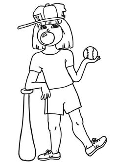 a girl with a baseball bat and ball in her hand, outlined on a white background