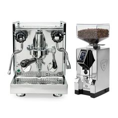 an espresso machine and grinder with coffee beans on the bottom, one being used as a dispenser