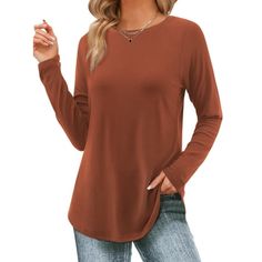 Fantaslook Long Sleeve T Shirts for Women Crew Neck Tunic Tops Casual Fall Shirts Womens t shirts with curve hemline design effectively hides your tummy and slims your figure, suitable for most body types. Womens tops features a crew neck and long sleeves create a classic silhouette.The long sleeve tunic tops for women with solid color design offers versatile styling options.The color of this casual womens t shirt is perfect for styling and the cut so flattering and comfortably.Crew neck t shirt Fall Crew Neck Plain Blouse, Fall Plain Crew Neck Blouse, Fall Season Plain Crew Neck Blouse, Basic Brown Long Sleeve T-shirt, Plain Brown Tops For Fall, Basic Solid Shirt For Fall, Casual Solid Color Crew Neck Blouse, Basic Plain Tops For Fall, Casual Long Sleeve Solid Color Top