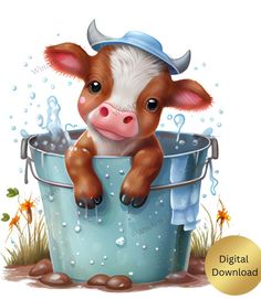 a baby cow sitting in a bucket with water coming out of it's mouth