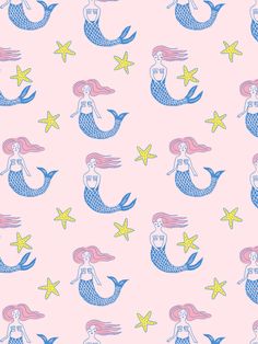 a pink background with blue mermaids and stars