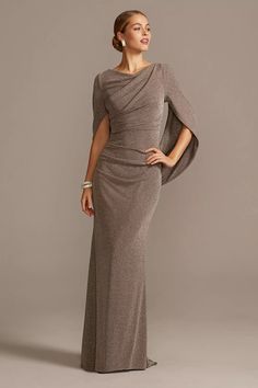 Glitter Accent Drape Sleeve Stretch Sheath Dress | David's Bridal Mother Of Bride Outfits, Mother Of The Bride Gown, روتين العناية بالبشرة, Neckline Dress