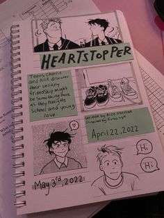 an open notebook with drawings on it and some notes about the characters in heartstopper