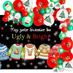 a christmas card with ugly and bright sweaters on it, surrounded by balloons in the shape of snowflakes