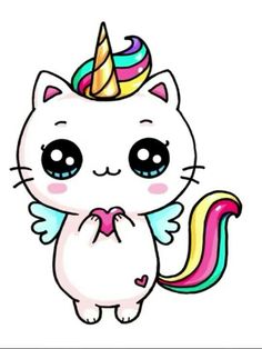 a white cat with a rainbow horn and wings on it's head, standing in front of a white background