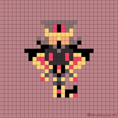 a pixellated image of a bee on a pink background with red, yellow and black squares