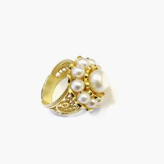 Double Layer Pearl 14K Gold Ring 925 Sterling Exceptionally Beautiful Design Pearl Ring, Feminine Ring, Valentine Gift Boxed, Mom's Gift Ring. IT WEIGHTS APPROXIMATELY 10 GR. 4-5 mm Pearls surround Center : 10 mm Round pearl for a feminine artistic look.. Made in an artisan workshop by an artist with 20+ Years experience. This a very Victorian, Artistic Ring that has sold out many times in England, Italy, Germany and the US. The Filigree band is tapered for comfortable wear. This will come in a Elegant Yellow Gold Flower Ring With Round Band, Elegant Cabochon Rings For Anniversary, Luxury Cabochon Diamond Ring As Gift, Elegant White Gold Diamond Ring With Cabochon, Elegant White Gold Rings With Cabochon, Elegant White Gold Cabochon Rings, Gold Pearl Ring Stamped 14k For Gift, Fine Jewelry Cluster Ring As Gift, Fine Jewelry Cluster Ring Gift