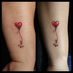 two tattoos with hearts and an anchor on their legs, one has a balloon in the shape of a heart