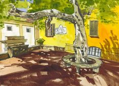 a drawing of a bench under a tree in front of a yellow building with shutters