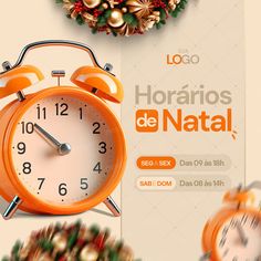 an orange alarm clock sitting in front of a christmas wreath on top of a wall