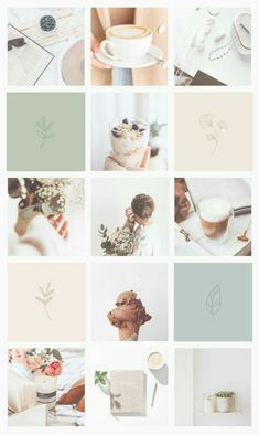 a collage of photos with flowers, coffee cups and other things on it in pastel colors