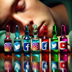 a person laying down next to bottles with social media logos on them