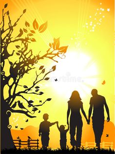 a family walking in the park at sunset royalty illustration