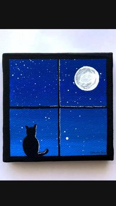 a painting of a cat sitting in front of a window looking at the moon and stars