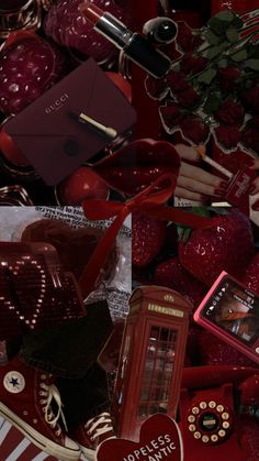 a collage of red items including an apple, cell phone and heart shaped candies