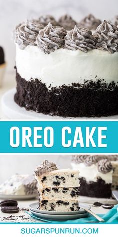 a cake with oreo cookies and cream frosting on top is cut in half