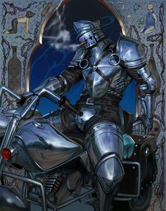 a man dressed as a knight on a motorcycle in front of a blue and purple background