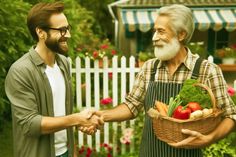 two men shaking hands while holding a basket full of vegetables