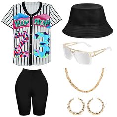 PRICES MAY VARY. 【80s 90s Neon Costumes & Accessories Set】：Includs 6 accessories, baseball jersey shirt x1, yoga pants x1, bucket hat x1, artificial gold rope chain x1, hip hop glasses x1, 1 pair of earrings. This complete outfit and accessory set is perfect for any 80s 90s-themed party, allowing you to stand out and express your hiphop style. 【Bright Colored Accessories】：Bright and colorful colors make you stand out at parties in the 80s 90s. Baseball jersey shirt, short sleeve yoga pants, and 80s Outfits Hip Hop, Hip Hop Costumes Women, 1990s Womens Fashion, 90s Party Outfit Black Women, 90s Theme Party Outfit Women, 80s Fashion Black Women, 80s Hip Hop Fashion, Women's 90s Outfits