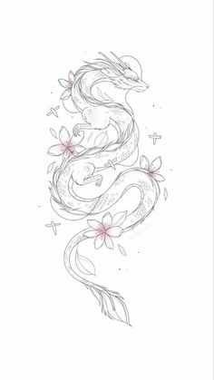 a drawing of a dragon with flowers on it