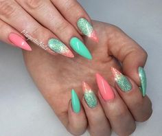 Pointed Nail Designs, Mint Green Nails, Lace Nails, Spring Nail Designs, Glitter Gel Nails, Nails Polish, Nails Spring, Spring Nail Art