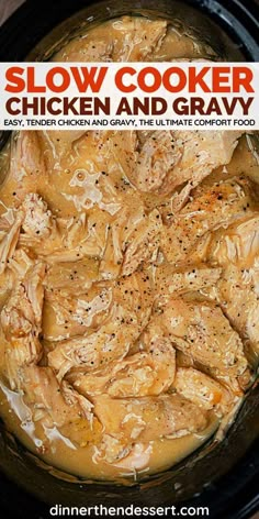 slow cooker chicken and gravy in a crock pot with text overlay