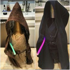 two pictures one has a bottle and the other is a darth vader costume