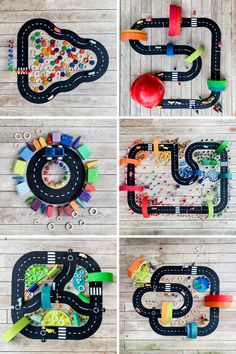 four different pictures of the same toy road and car set on wooden boards with various colors