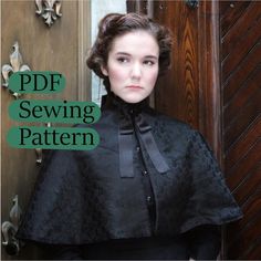 a woman wearing a black cape with the words pdf sewing pattern on it's front