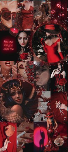 a collage of red and black images with different women's body shapes, hair styles