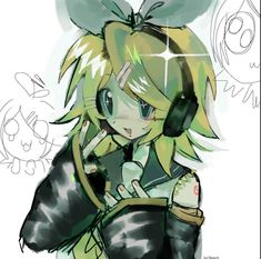 a drawing of a girl with headphones on her ears and holding a cell phone