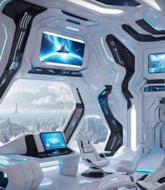 a futuristic office with computers and monitors