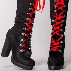 * Faux Suede And Faux Fur Upper * Zipper Closure * Rubber Outsole * Platform Make ‘Em Reveal Their Deepest Secrets With The Truth Or Dare Lace Up Boots. Made With A Smooth Black Faux Suede, These Daring Festival Boots Feature A Playful Faux Fur Front Trim, Daring Red Laces, Tantalizing Corset Style Lace-Up Design, Traction Sole, Side Zip Closure And Seductive High Block Heel. ‘Cuz You Love To Play Games. Thigh High Boots Big Thighs, Winter Faux Leather Lace-up Boots With Block Heel, Winter Lace-up Faux Leather Boots With Block Heel, Edgy Synthetic Heels For Winter, Edgy Synthetic Winter Heels, Edgy Winter Synthetic Heels, Winter Party Suede Lace-up Boots, Winter Party Lace-up Suede Boots, Casual Lace-up Boots For Winter Party