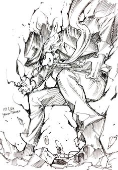 an ink drawing of the character person from street fighter 3, drawn by hand in pencil