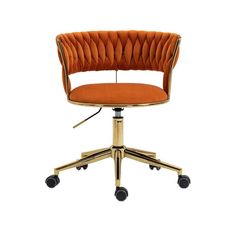 an orange office chair with wheels and casteors on the back, against a white background